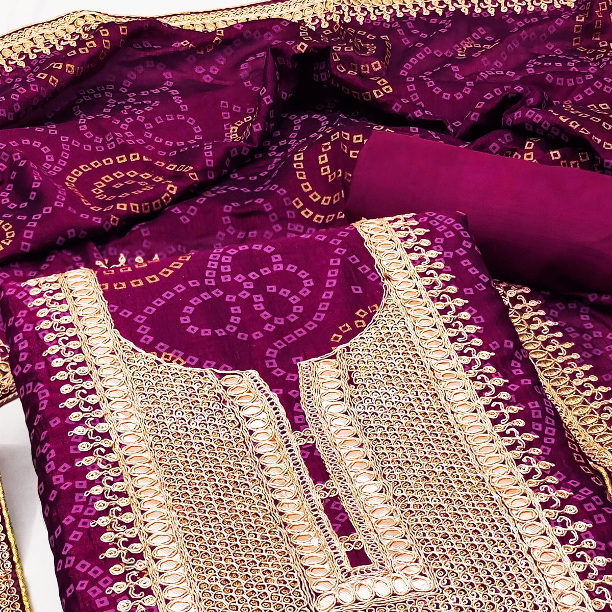 Wine Printed With Embroidered Vichitra Silk Dress Material