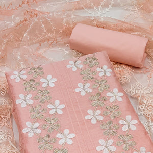 Peach Floral Embroidered Chanderi Dress Material