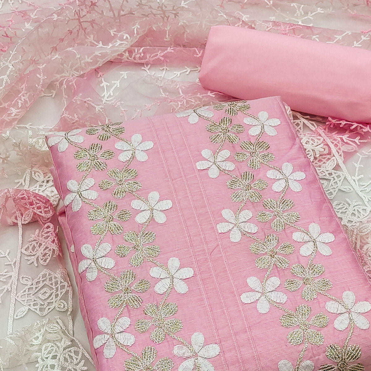 Pink Floral Embroidered Chanderi Dress Material
