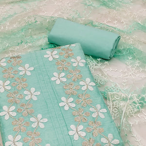 Turquoise Floral Embroidered Chanderi Dress Material