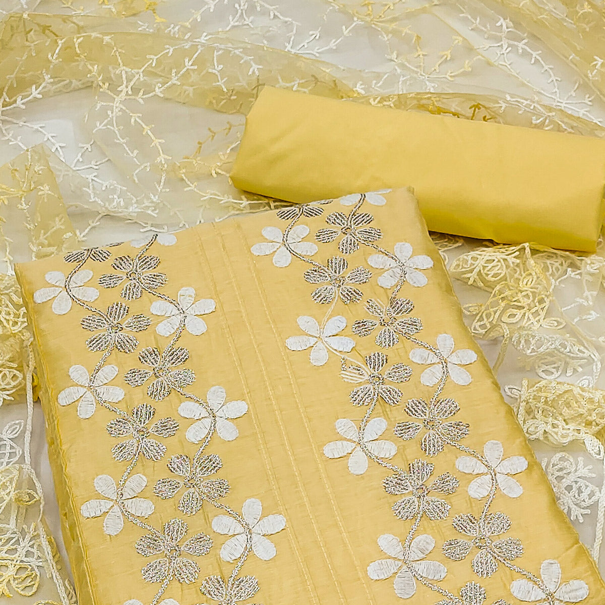 Yellow Floral Embroidered Chanderi Dress Material