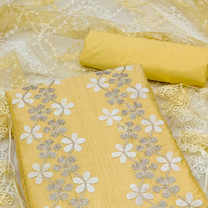 Yellow Floral Embroidered Chanderi Dress Material