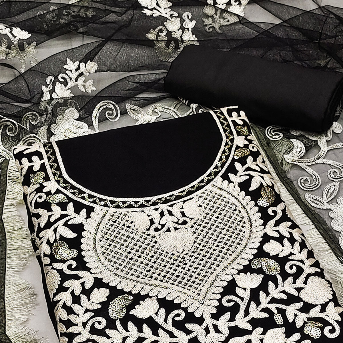 Black Floral Embroidered Georgette Dress Material