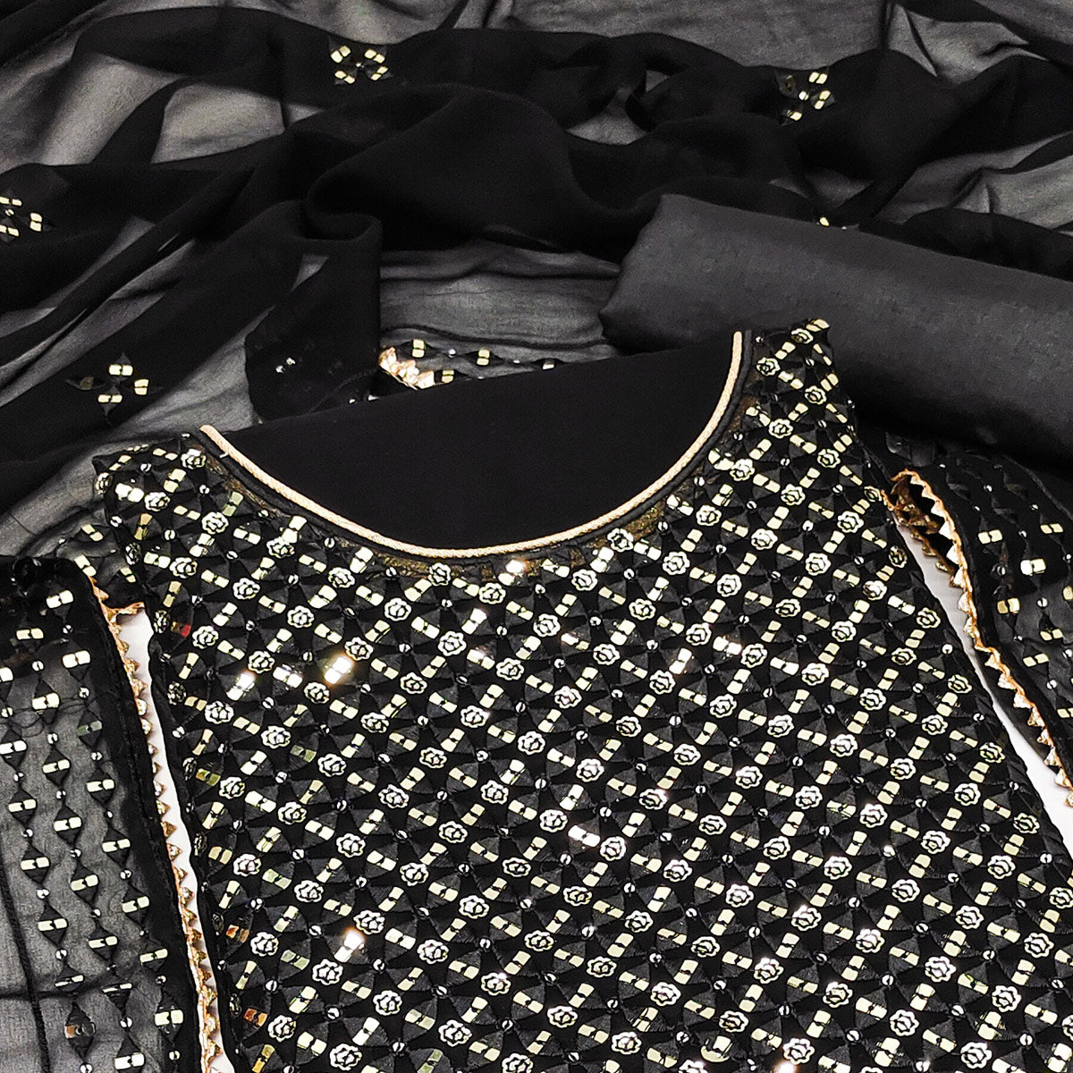 Black Sequins Embroidered Georgette Dress Material