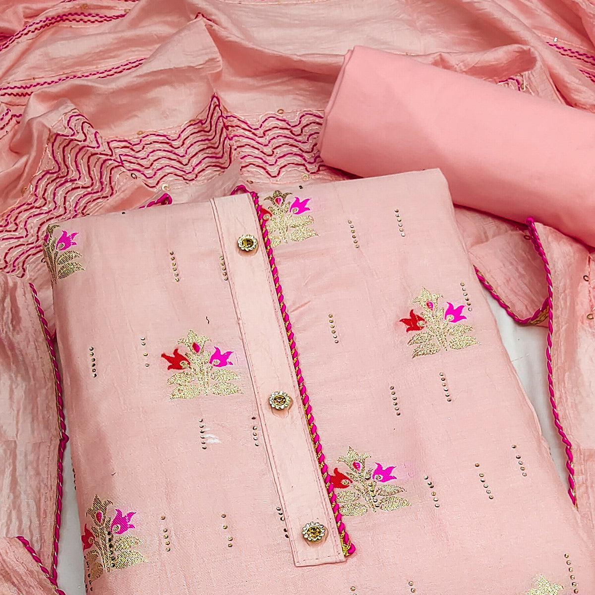 Pink Woven Banarasi Silk Dress Material