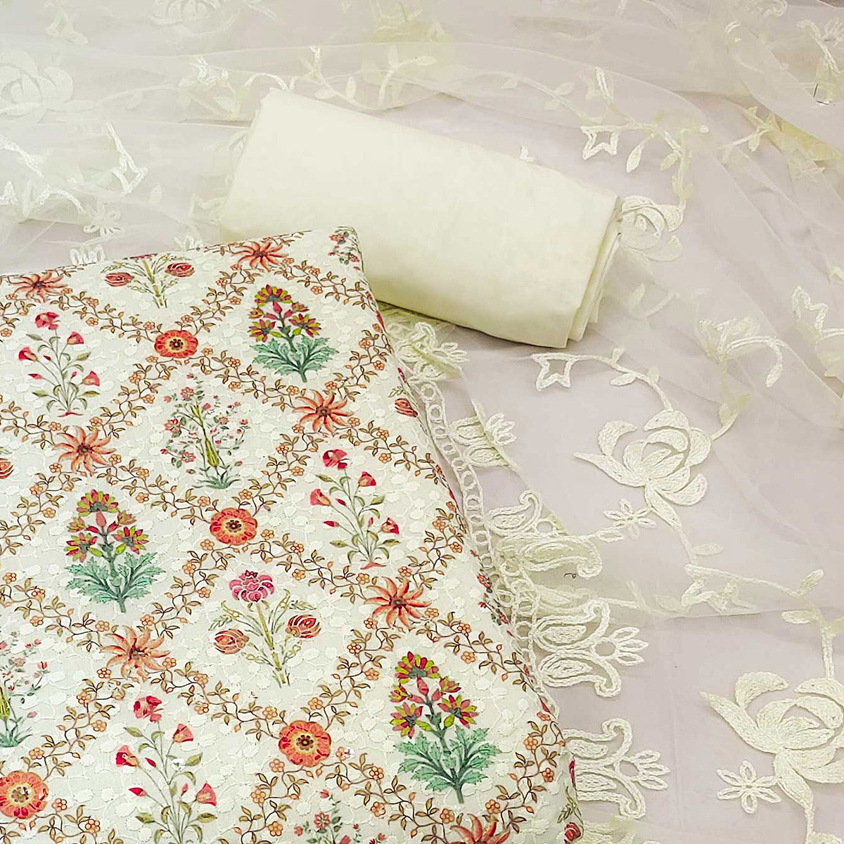 Off White Lucknowi With Printed Cotton Dress Material
