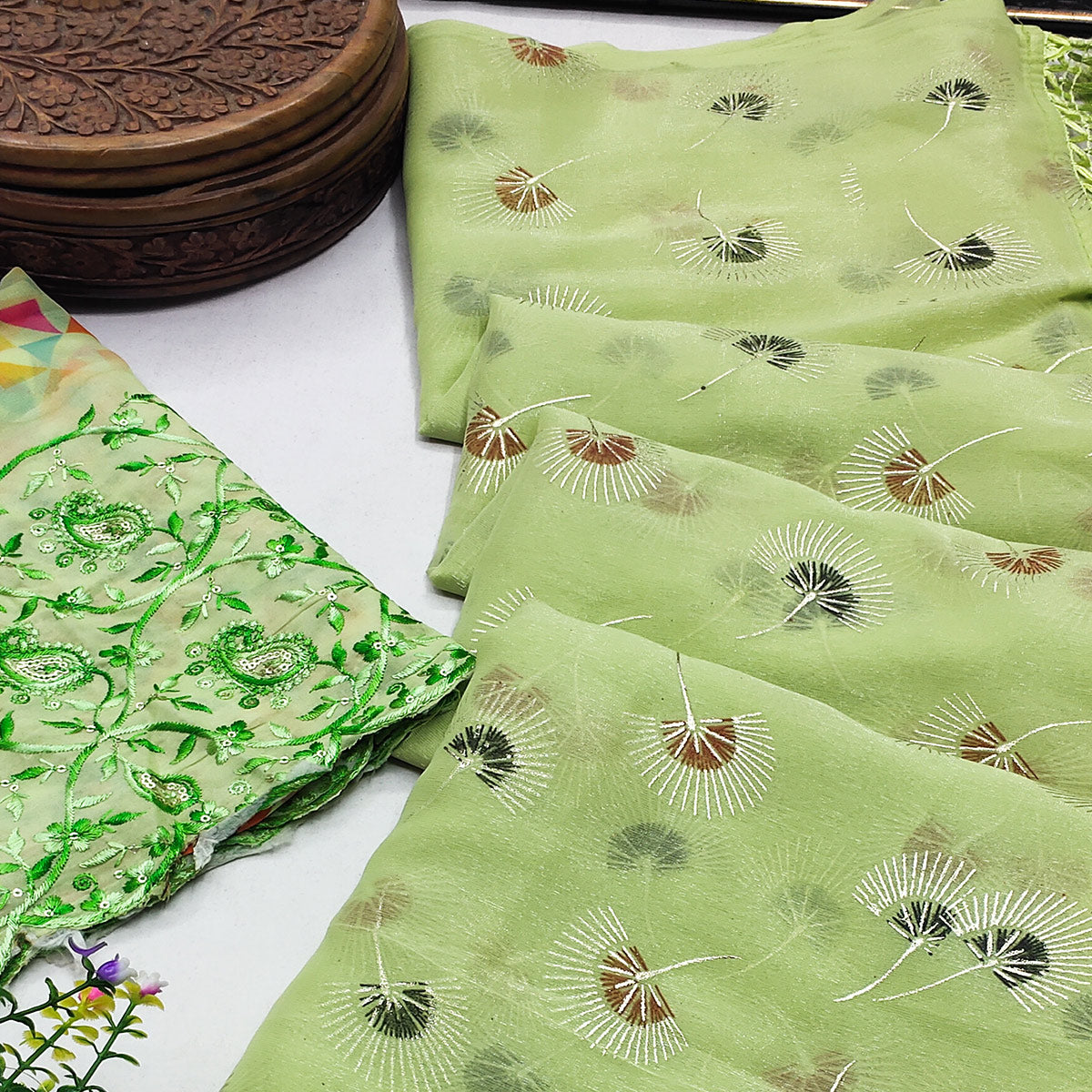 Green Floral Embroidered Chiffon Saree