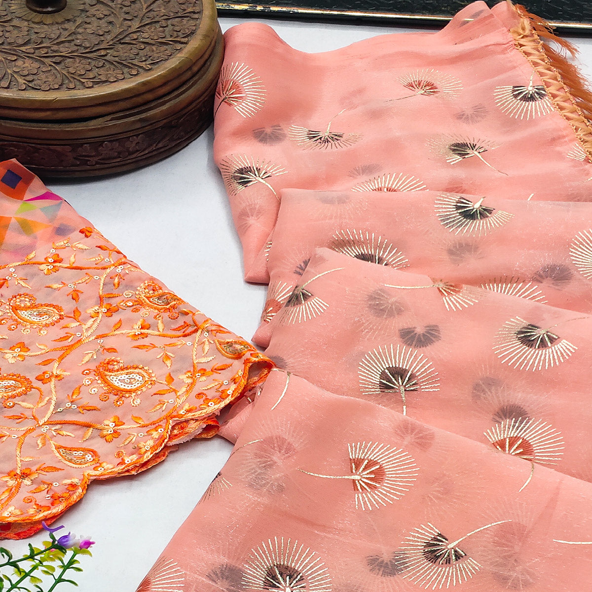 Peach Floral Embroidered Chiffon Saree