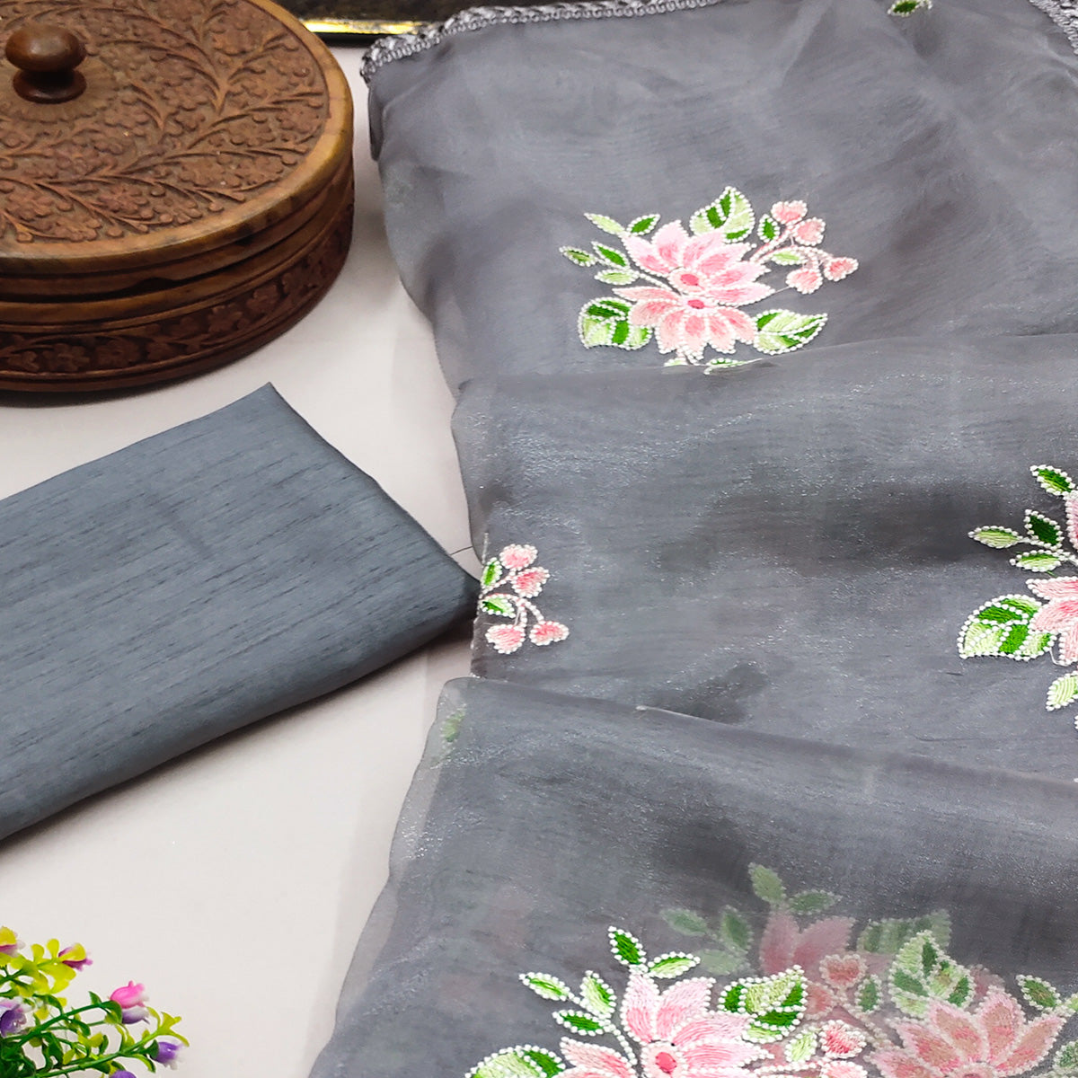 Grey Floral Embroidered Organza Saree