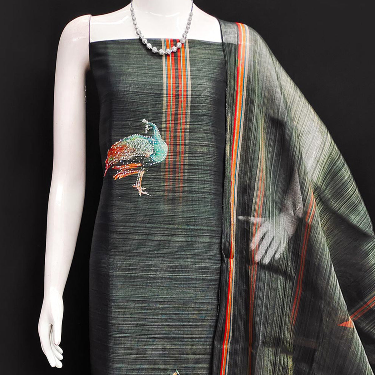 Grey Digital Printed Tussar Silk Dress Material