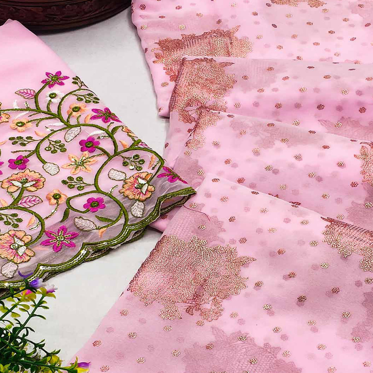 Pink Floral Printed Georgette Saree