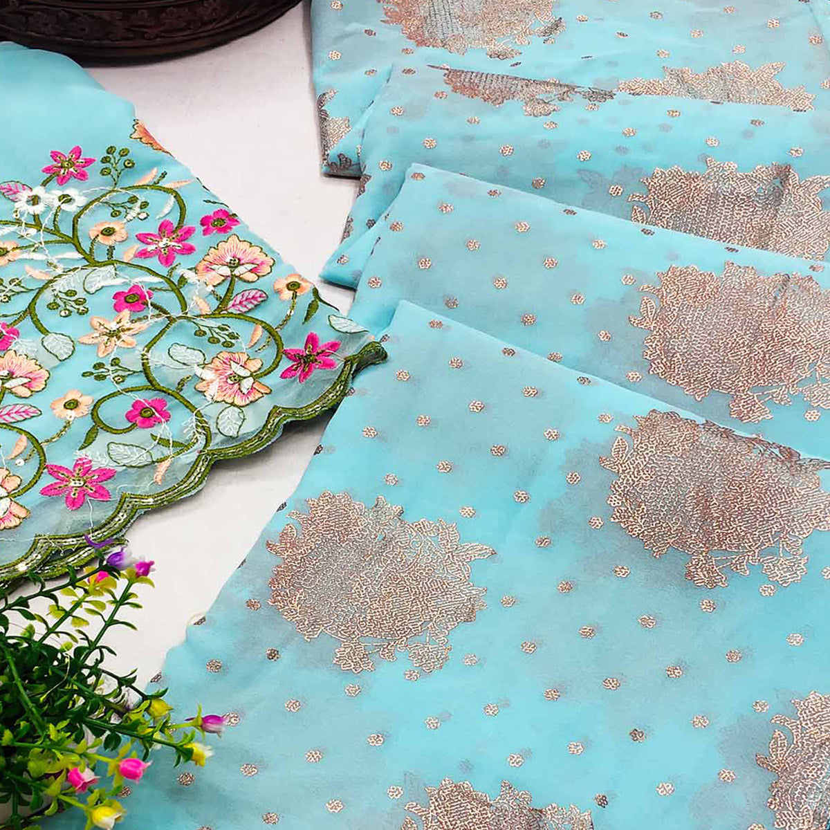 Sky Blue Floral Printed Georgette Saree