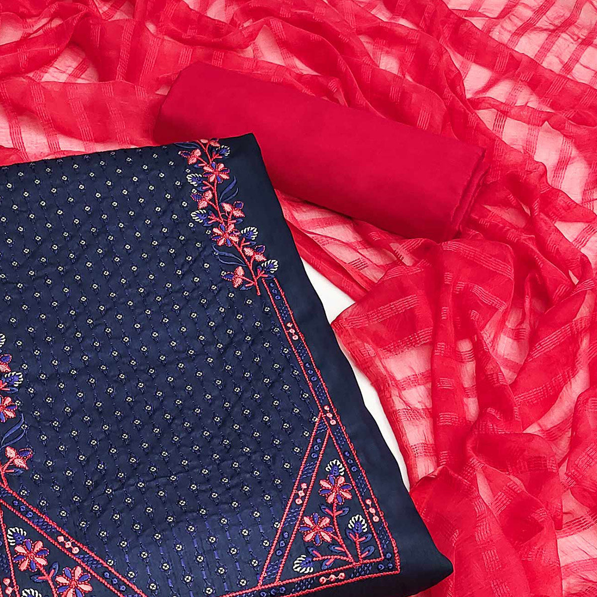 Navy Blue Embroidered Art Silk Dress Material