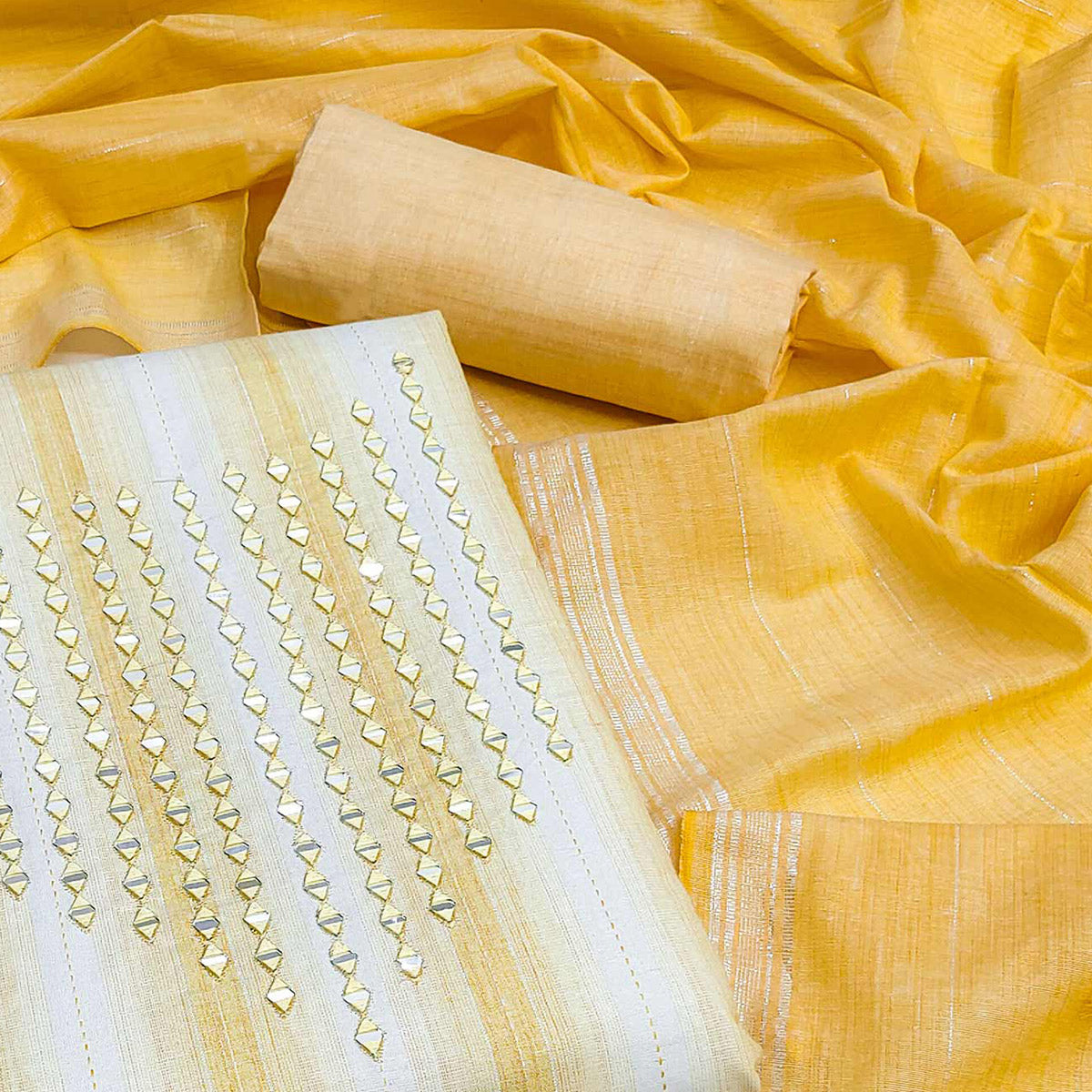 Yellow Embroidered Pure Cotton Dress Material