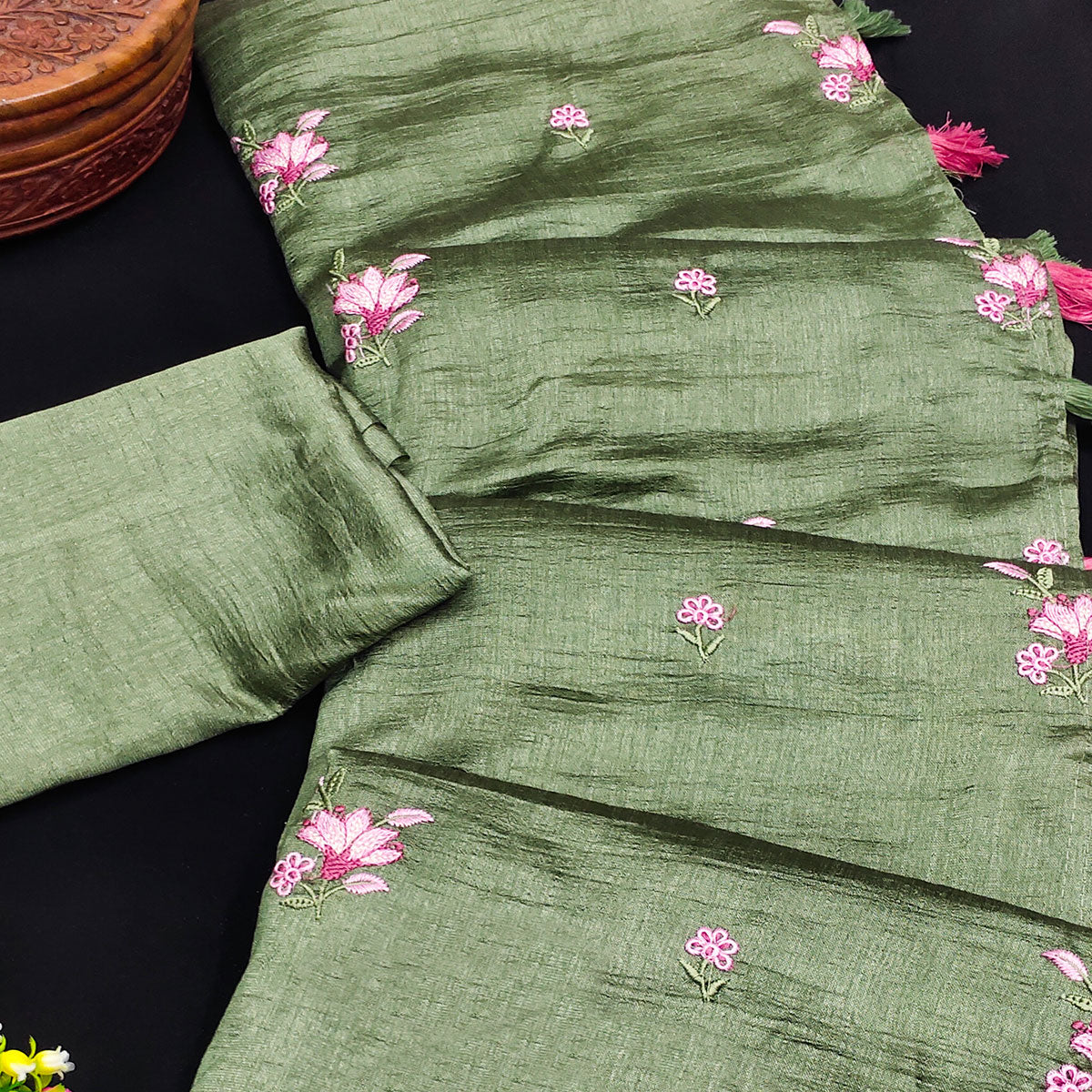 Green Floral Embroidered Vichitra Silk Saree