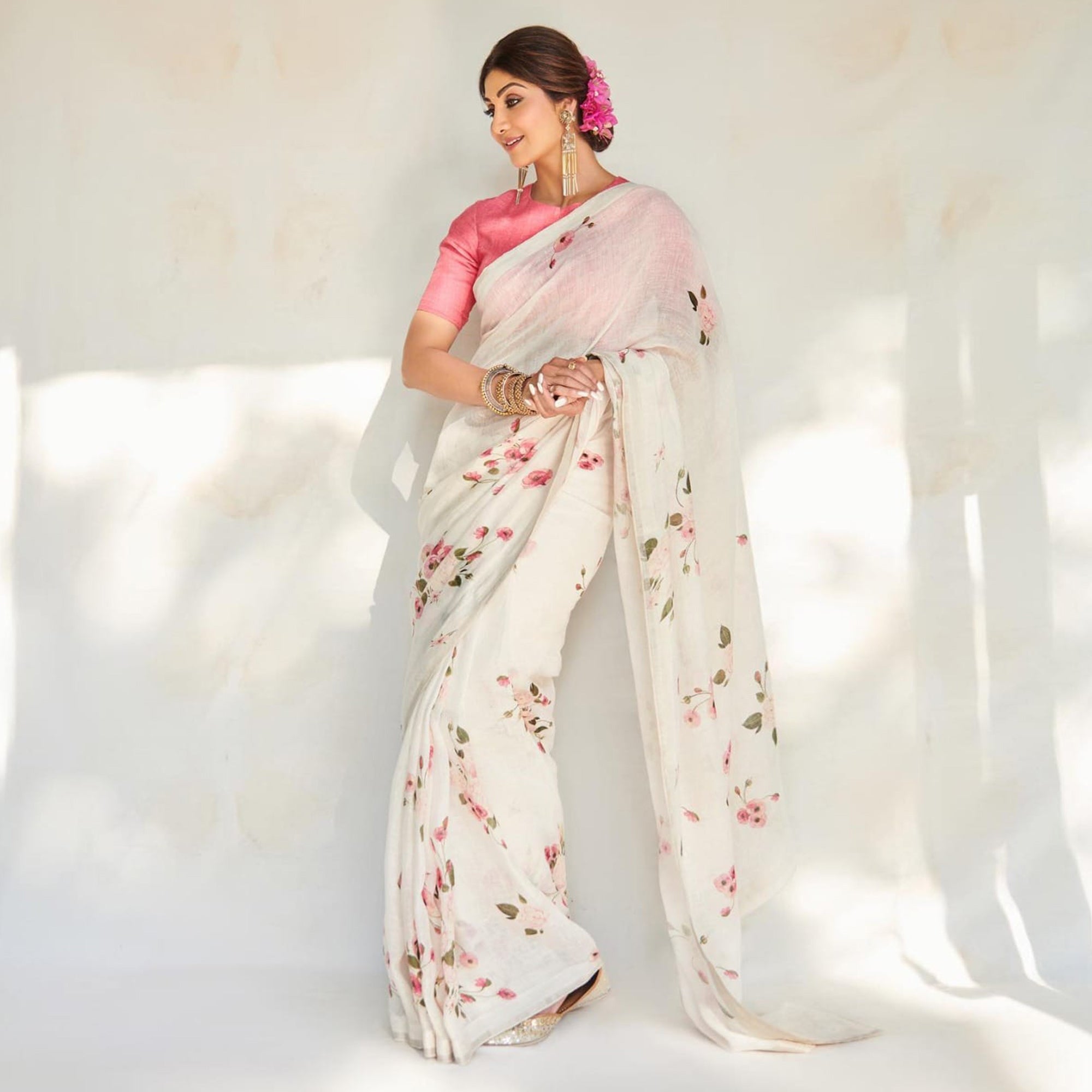 Cream & Pink Floral Digital Printed Linen Saree