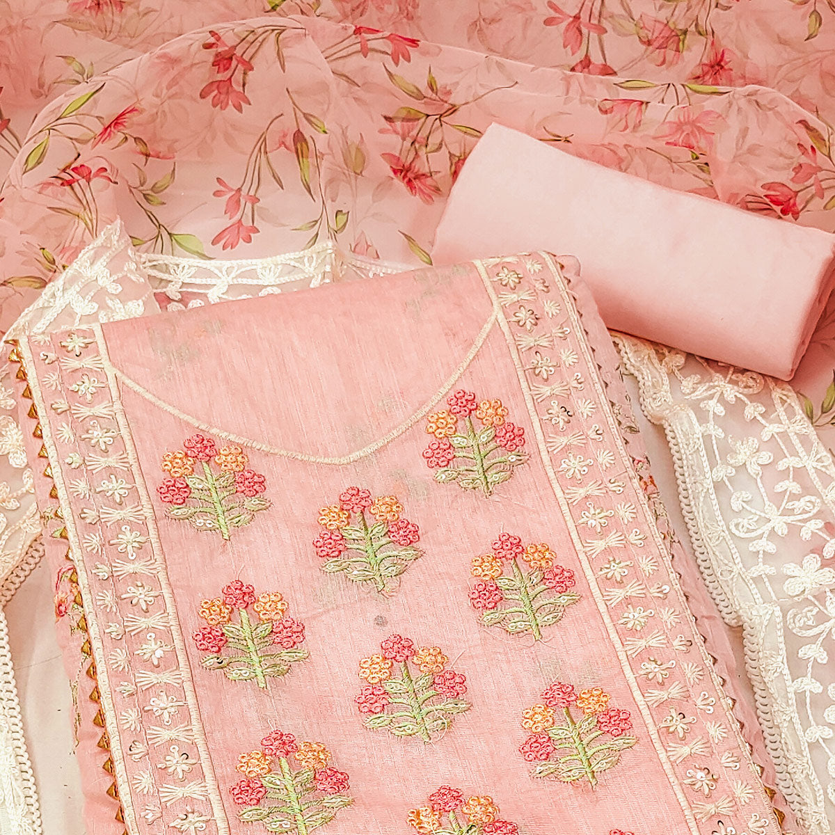 Peach Floral Embroidered Chanderi Dress Material