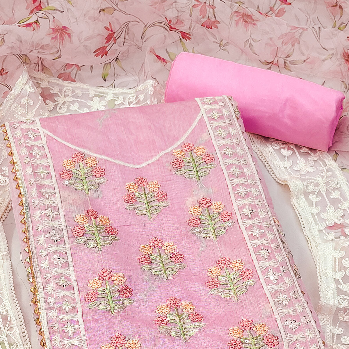 Pink Floral Embroidered Chanderi Dress Material