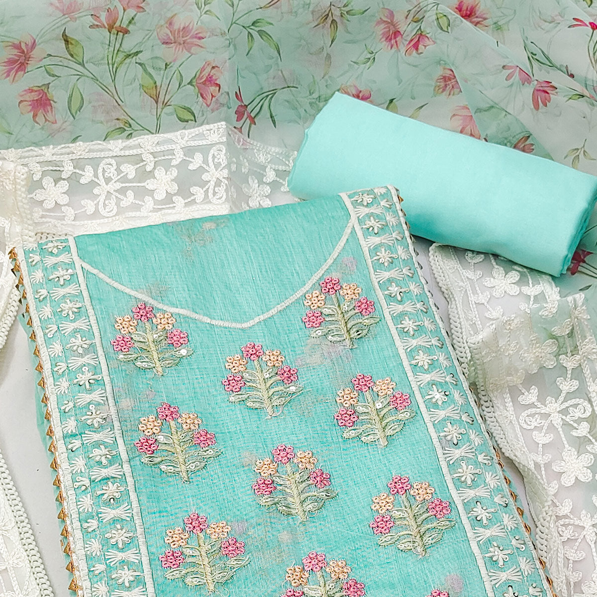 Turquoise Floral Embroidered Chanderi Dress Material