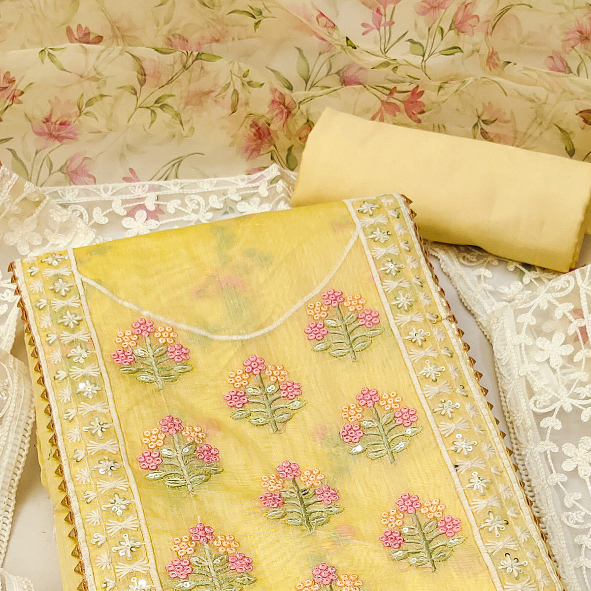 Yellow Floral Embroidered Chanderi Dress Material