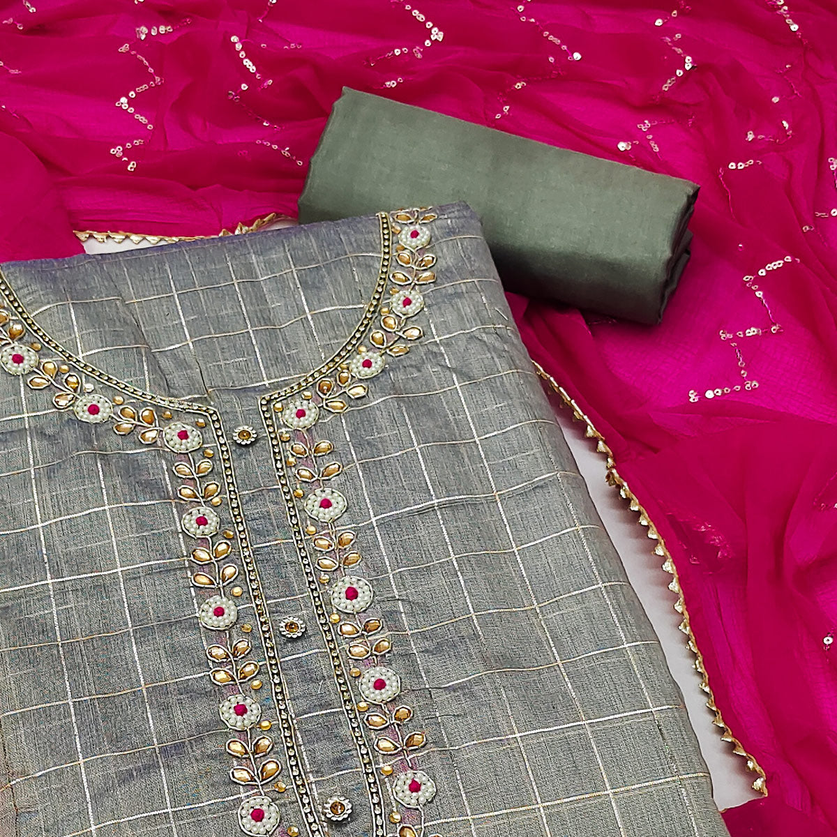 Grey Embroidered Chanderi Dress Material