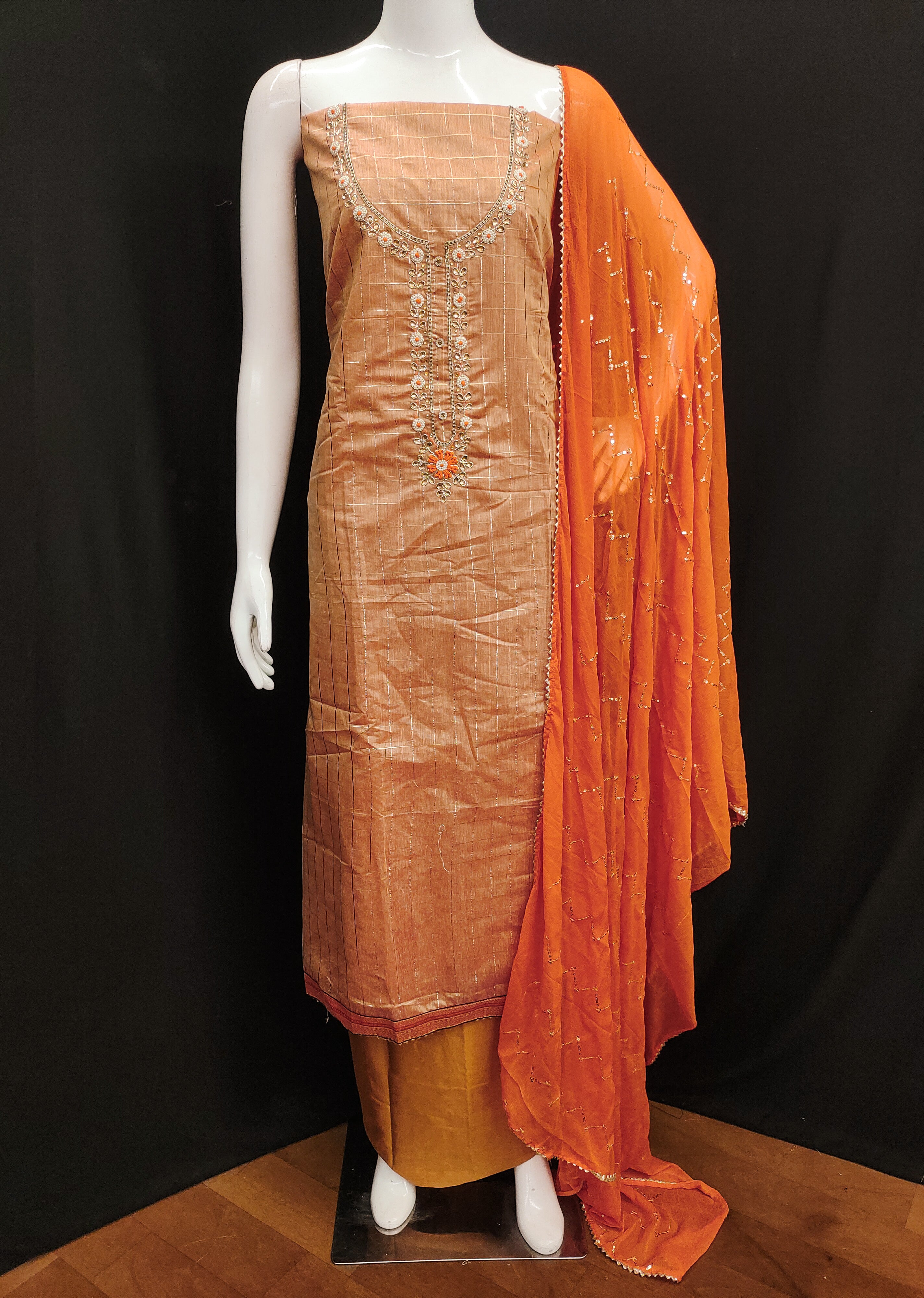 Orange Embroidered Chanderi Dress Material