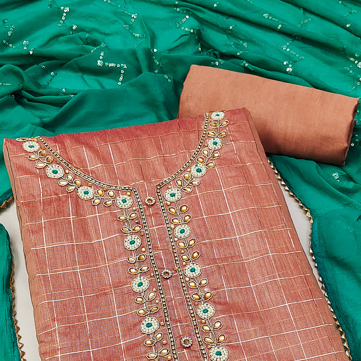 Peach Embroidered Chanderi Dress Material