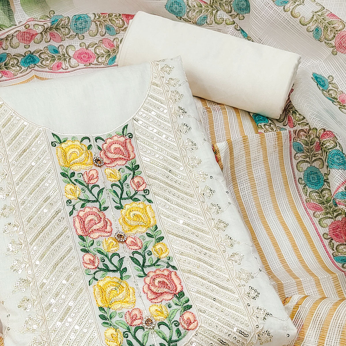 Off White & Yellow Embroidered Chanderi Dress Material