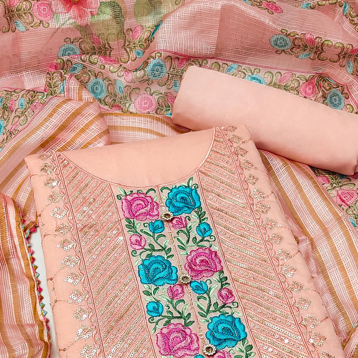 Peach Embroidered Chanderi Dress Material