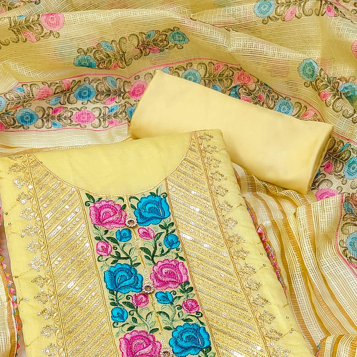Yellow Embroidered Chanderi Dress Material