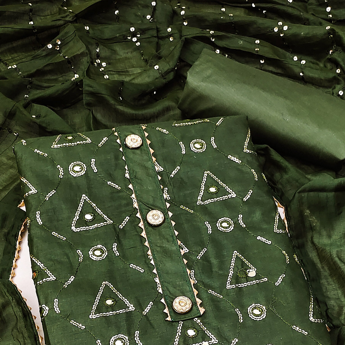 Mehandi Green Embroidered Cotton Blend Dress Material