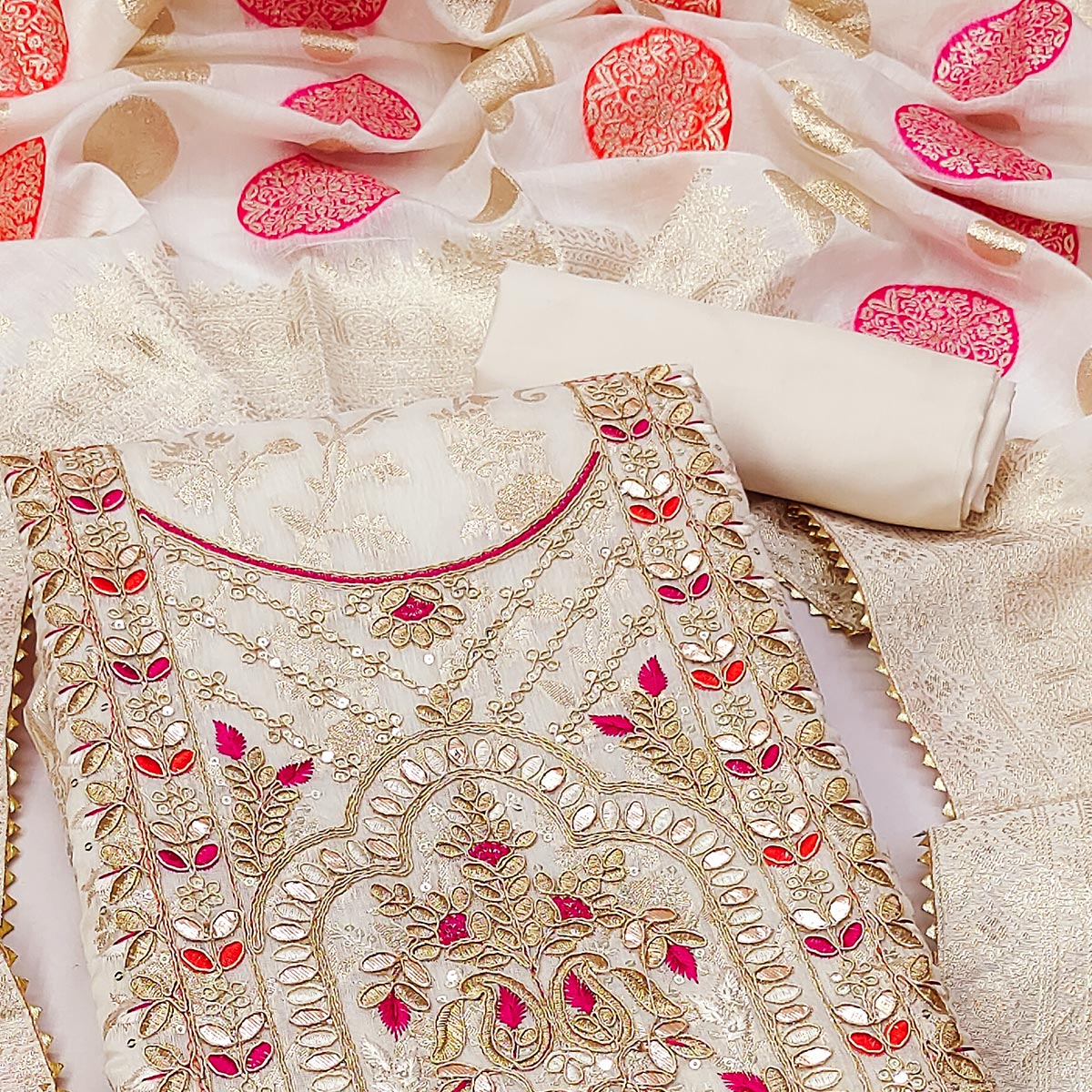 Off white Woven Banarasi Silk Dress Material