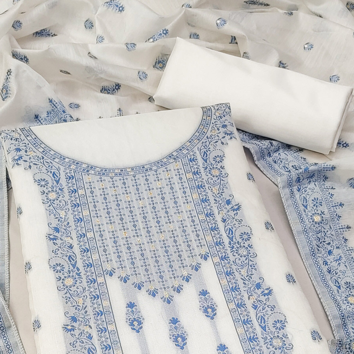 White & Blue Floral Woven Muslin Dress Material