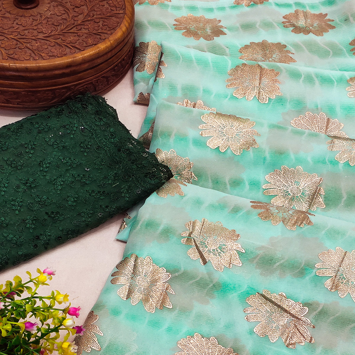 Sea Green Floral Foil Printed Georgette Saree