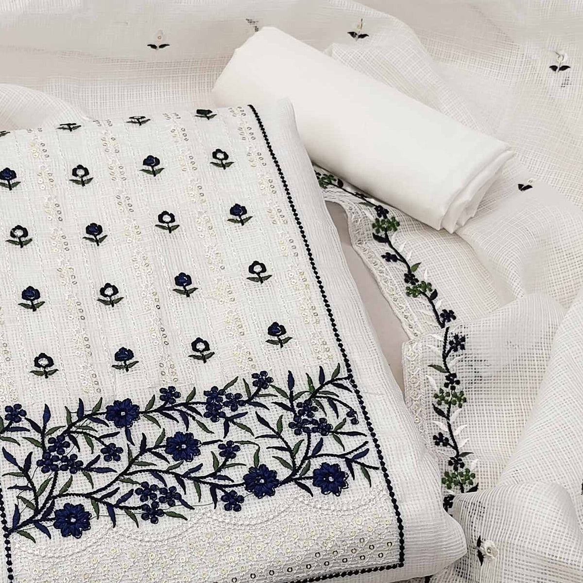 White & Navy Blue Floral Sequins Embroidered Kota Doria Dress Material