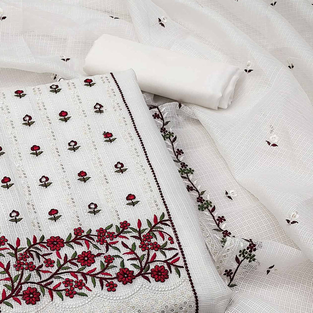 White & Red Floral Sequins Embroidered Kota Doria Dress Material