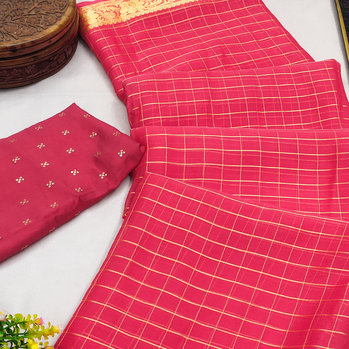 Pink Woven Chiffon Saree