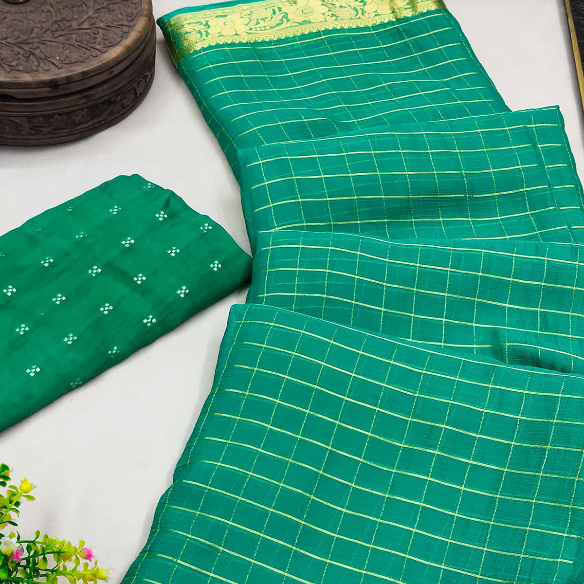 Rama Green Woven Chiffon Saree