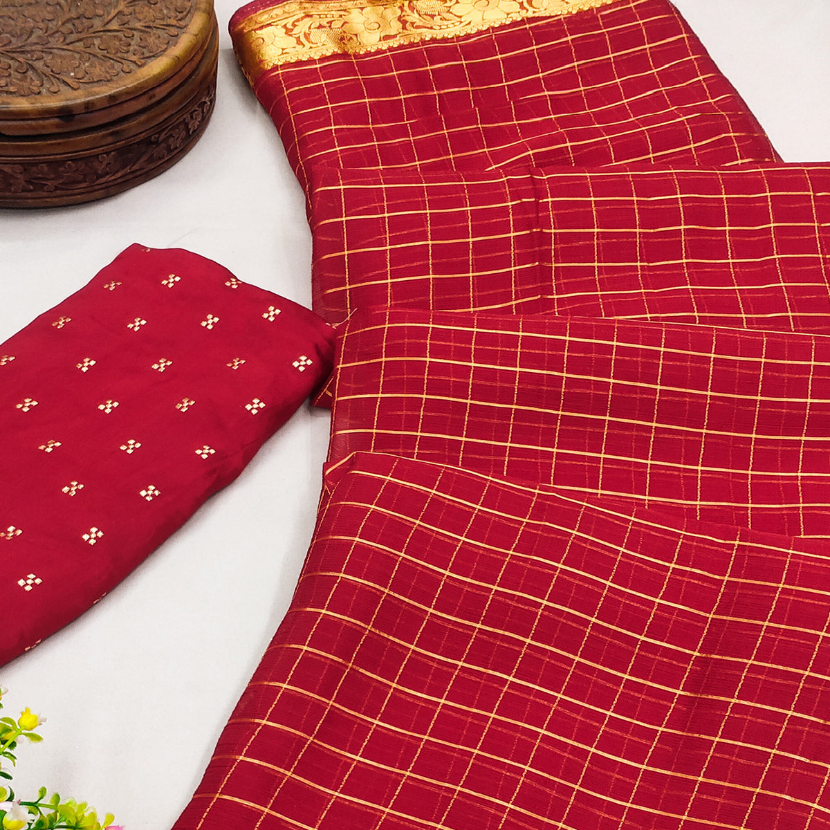 Red Woven Chiffon Saree