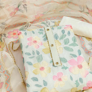 Cream Floral Printed Organza Dress Material