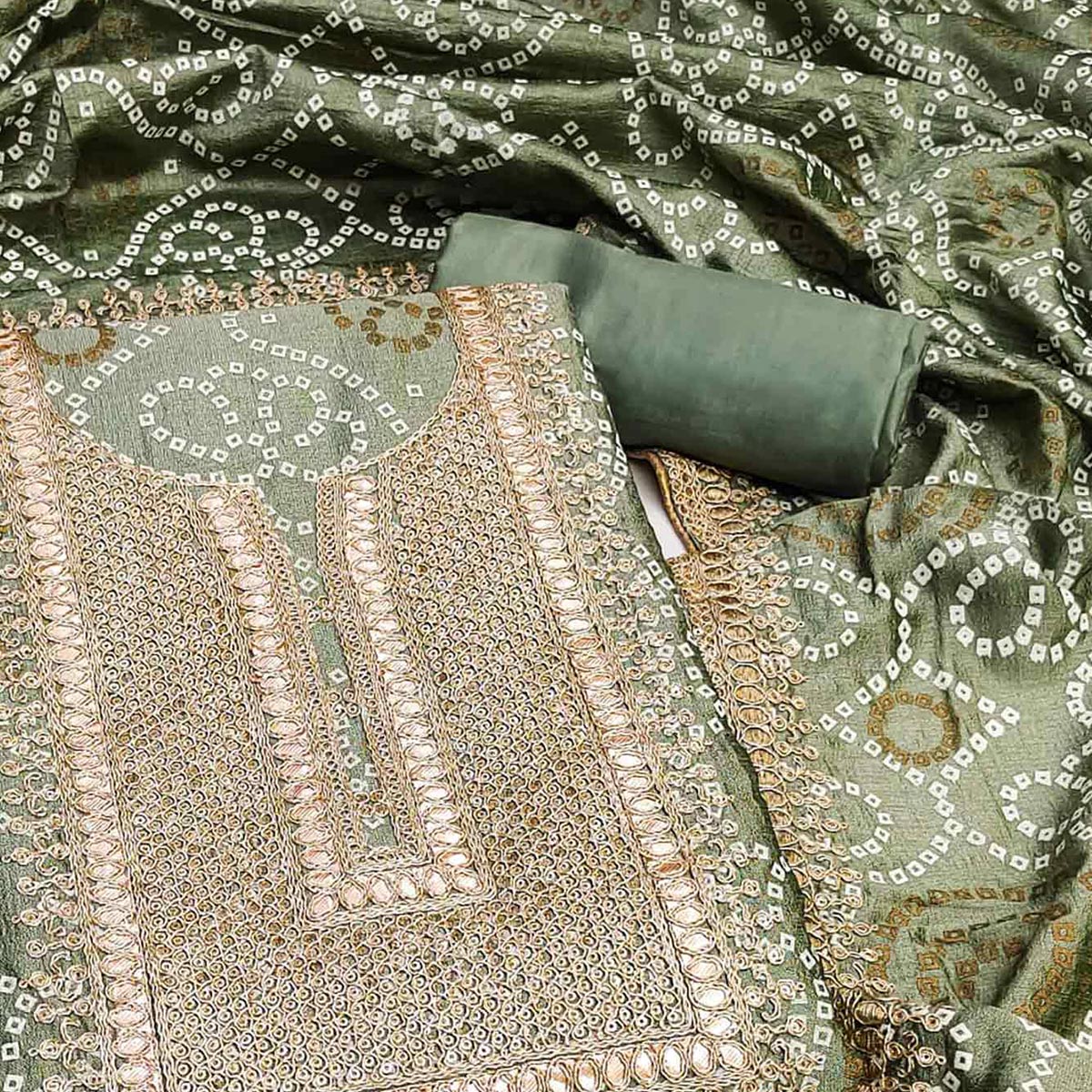 Mehendi Green Bandhani Printed With Embroidered Vichitra Silk Dress Material