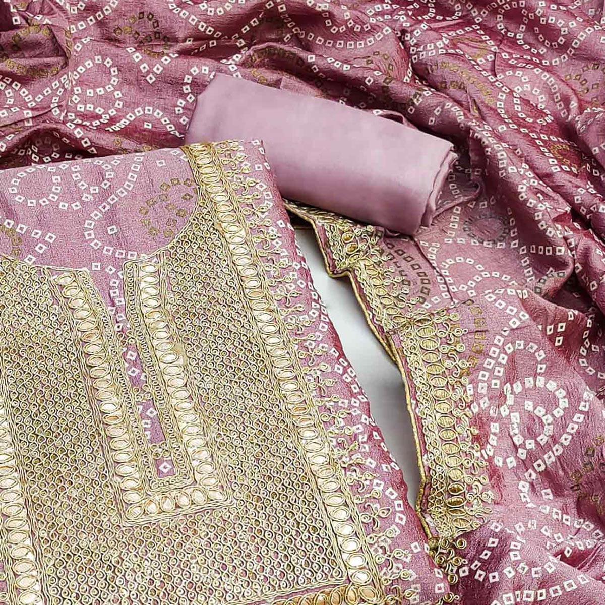 Pink Bandhani Printed With Embroidered Vichitra Silk Dress Material