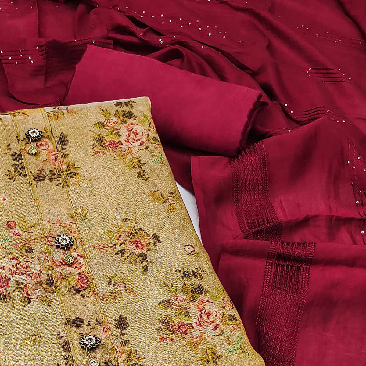 Beige Floral Printed Cotton Silk Dress Material