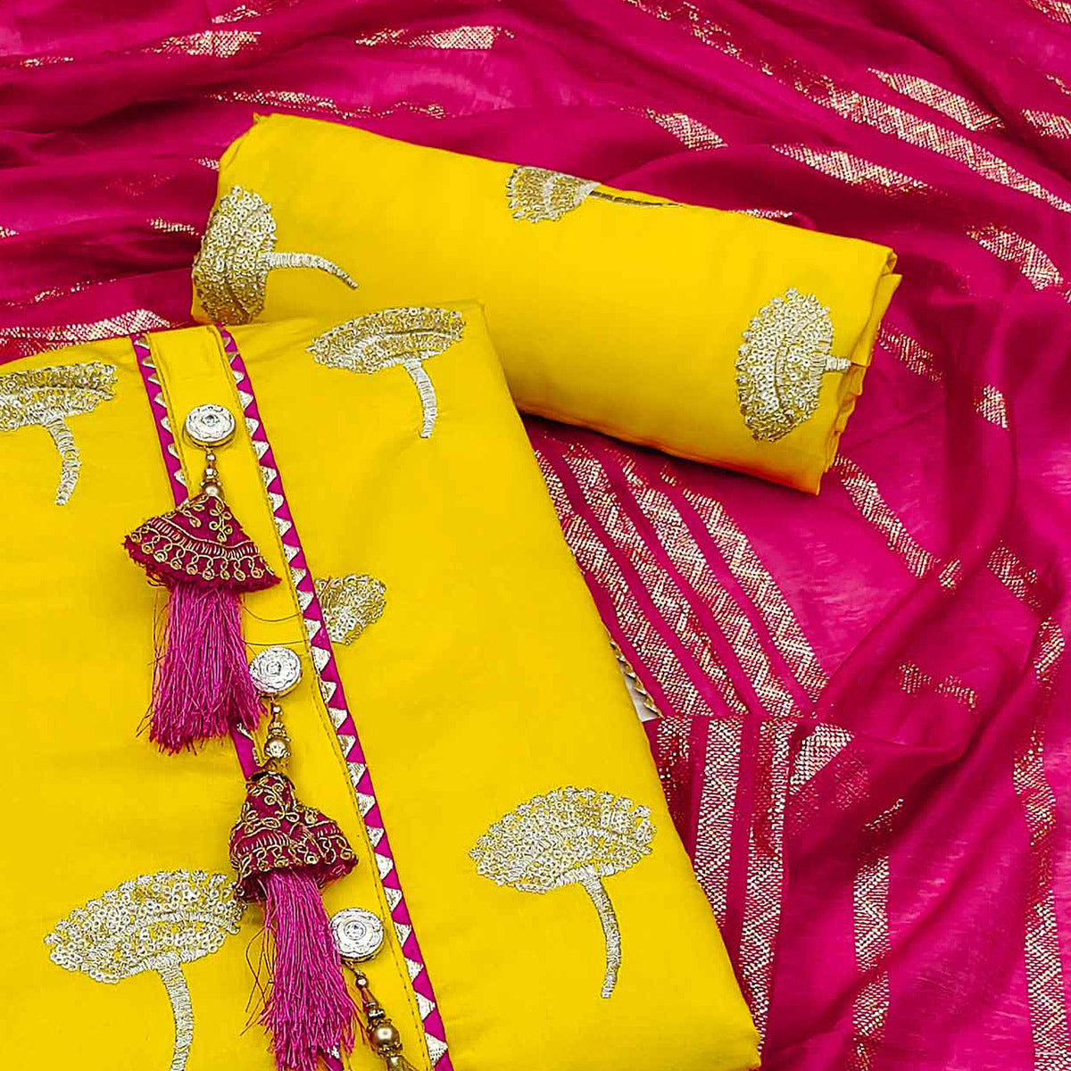 Yellow Floral Embroidered Viscose Dress Material
