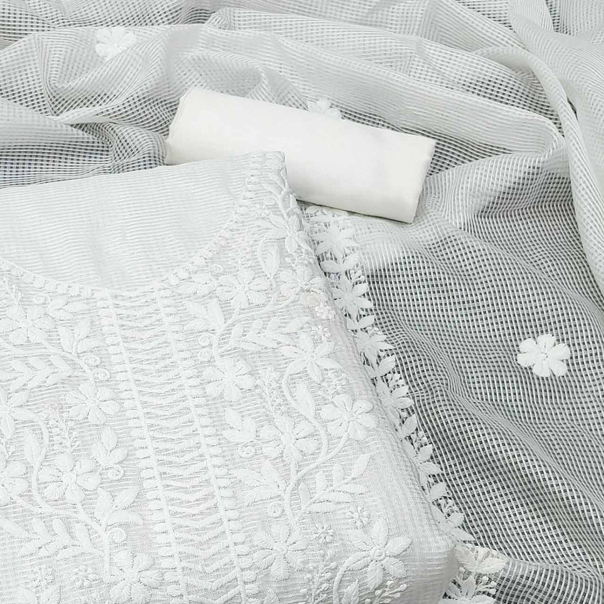 White Floral Embroidered Kota Doria Dress Material white-floral-embroidered-kota-doria-dress-material