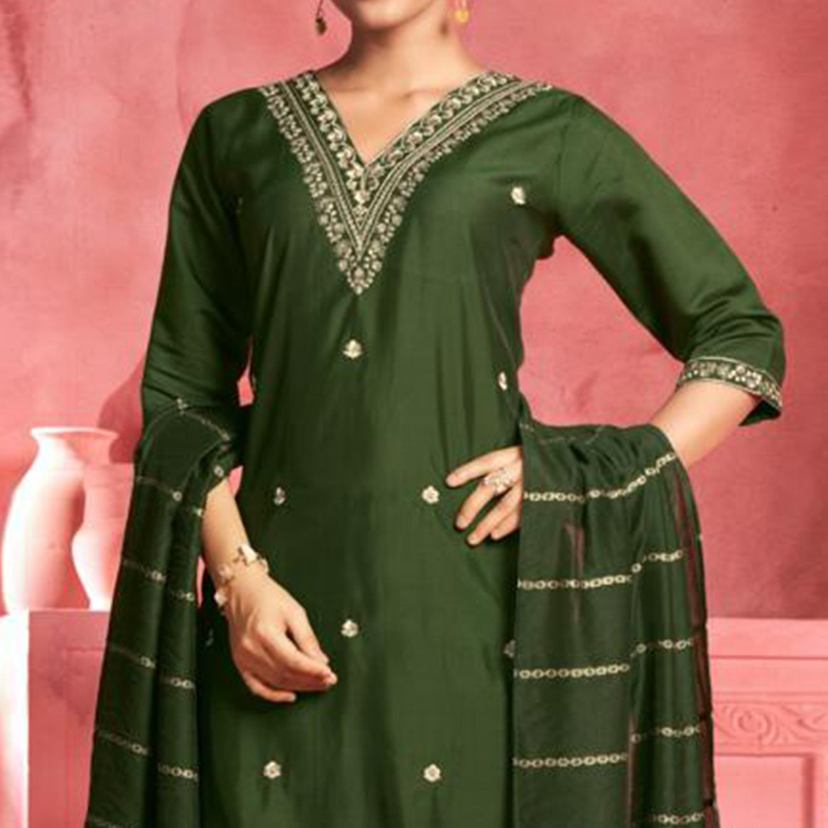 Green Floral Embroidered Viscose Salwar Suit