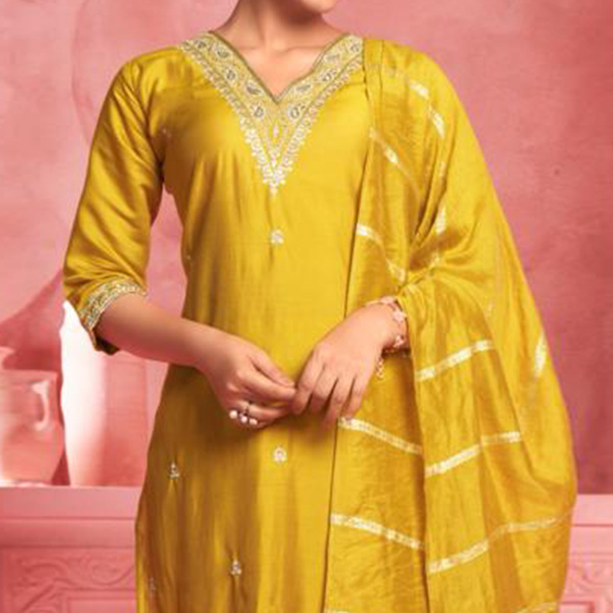 Mustard Floral Embroidered Viscose Salwar Suit