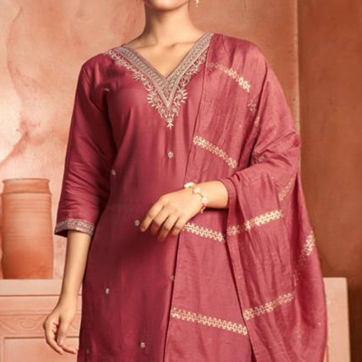Peach Floral Embroidered Viscose Salwar Suit