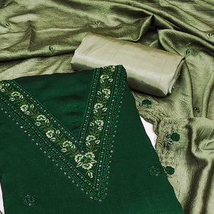 Green Floral Emboidered Vichitra Silk Dress Material