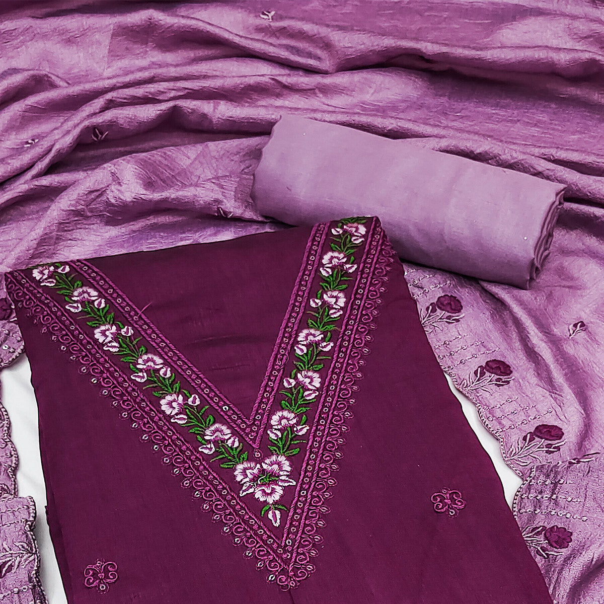 Purple Floral Embroidered Vichitra Silk Dress Material